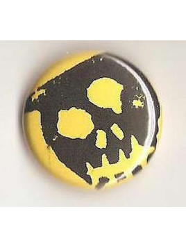 Badge jaune linogravure gros crâne
