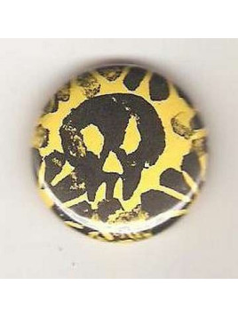 Badge jaune linogravure petit crâne et fleurs