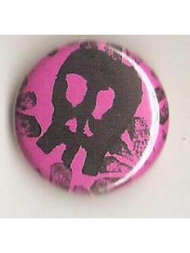 Badge rose linogravure petit crâne et fleurs