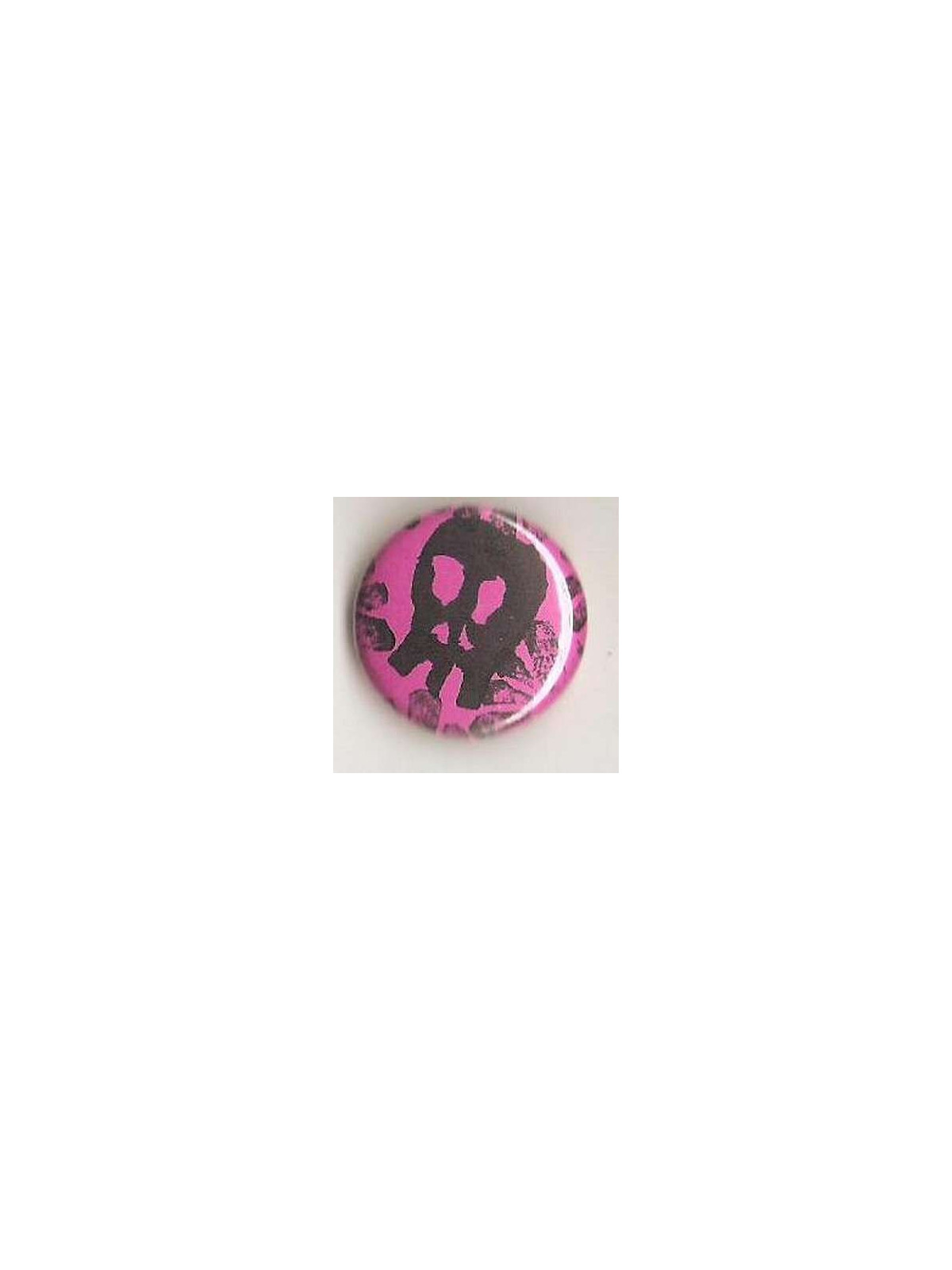 Badge rose linogravure petit crâne et fleurs
