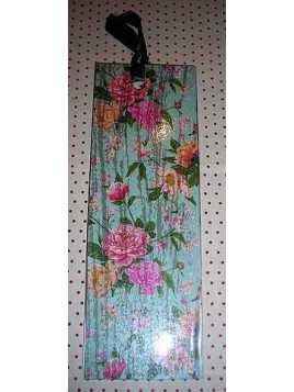 Marque-page avec ruban, motif fleurs sur fond bleu