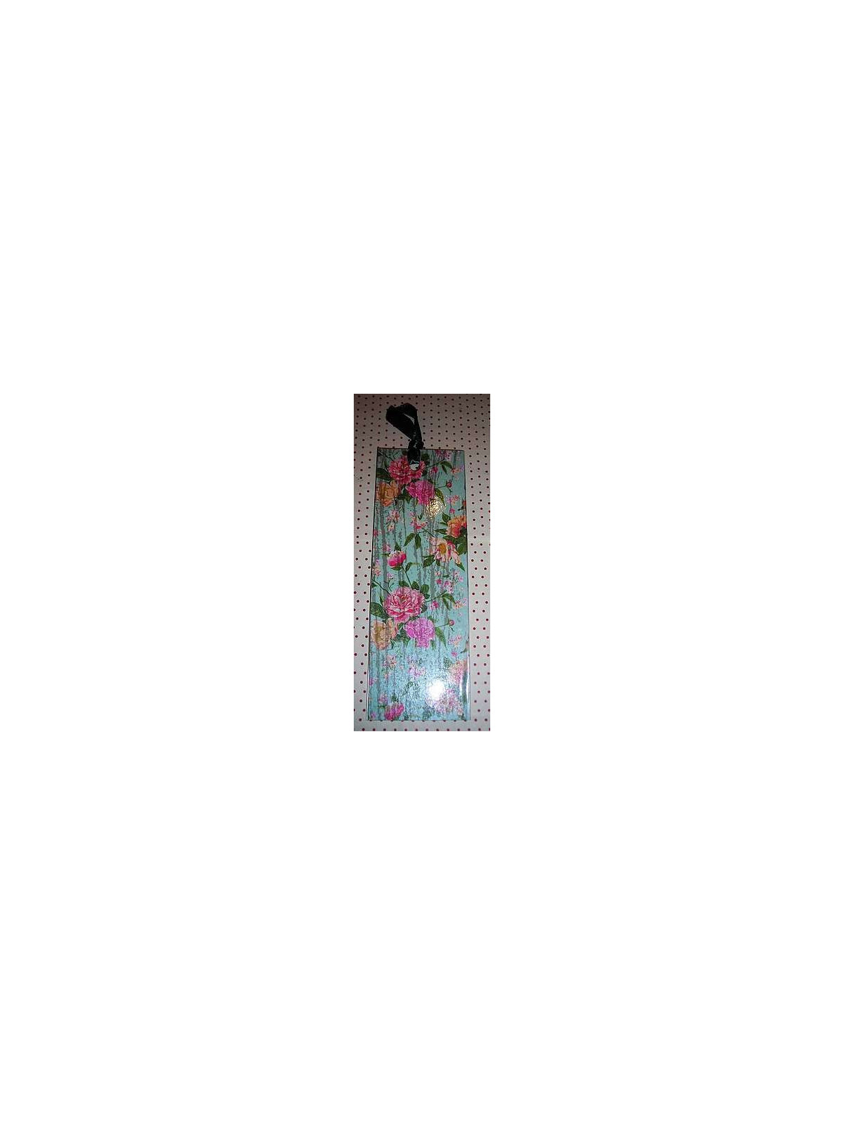 Marque-page avec ruban, motif fleurs sur fond bleu