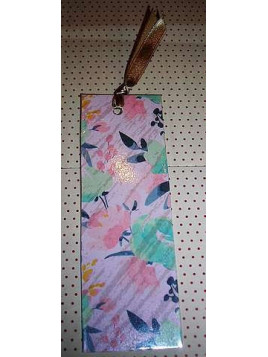 Marque-page avec ruban, motif fleurs sur fond rose