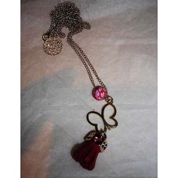 Collier perle & papillon rouge & doré