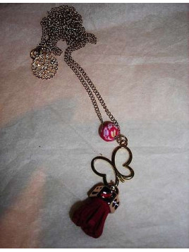 Collier perle & papillon rouge & doré