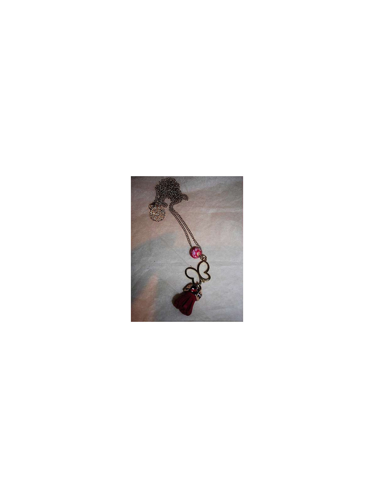 Collier perle & papillon rouge & doré