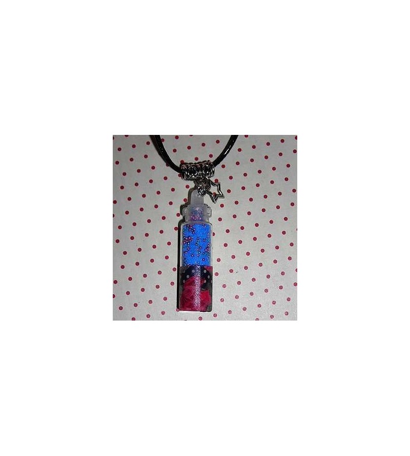 Collier fiole fleur rose et bleue