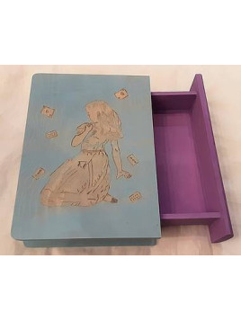 Boîte-livre en bois pyrogravé motif Alice au pays des merveilles