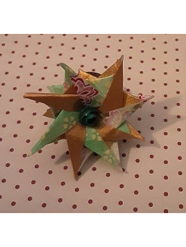 Bague en origami Fleur verte et dorée