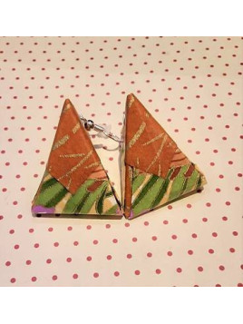 Paire de boucles d’oreilles berlingots origami et crochet en argent (vert/marron)