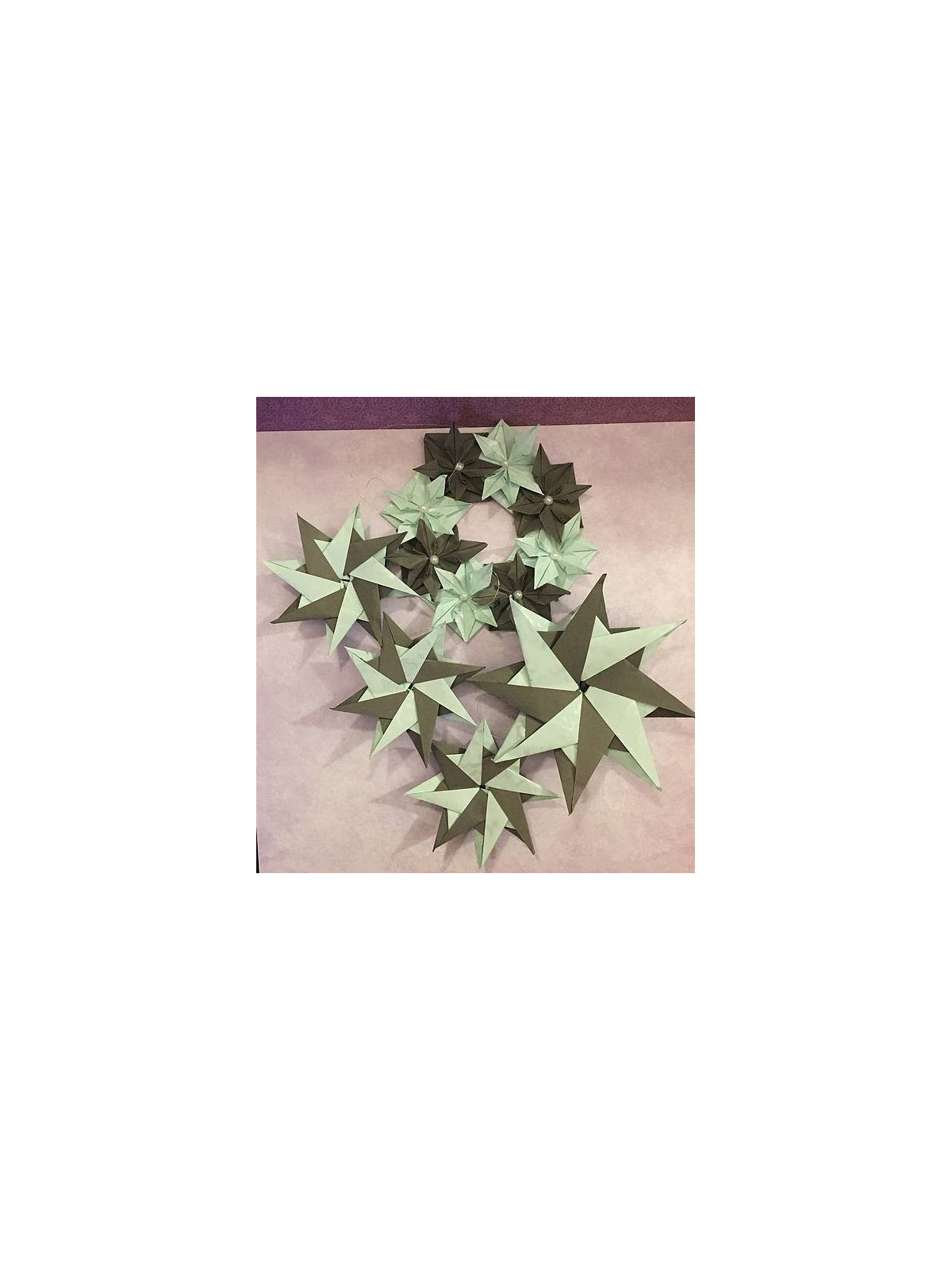 Lot décoration origami Couronne et étoiles de Noël bleu et gris