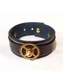 Bracelet fin steampunk en cuir bleu / marron