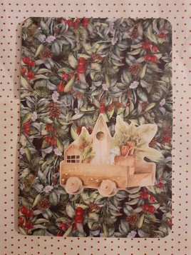 Carte simple de Noël avec découpes avec chariot sur fond vert et rouge