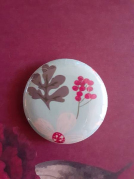 Badge feuille et baies roses sur fond bleu