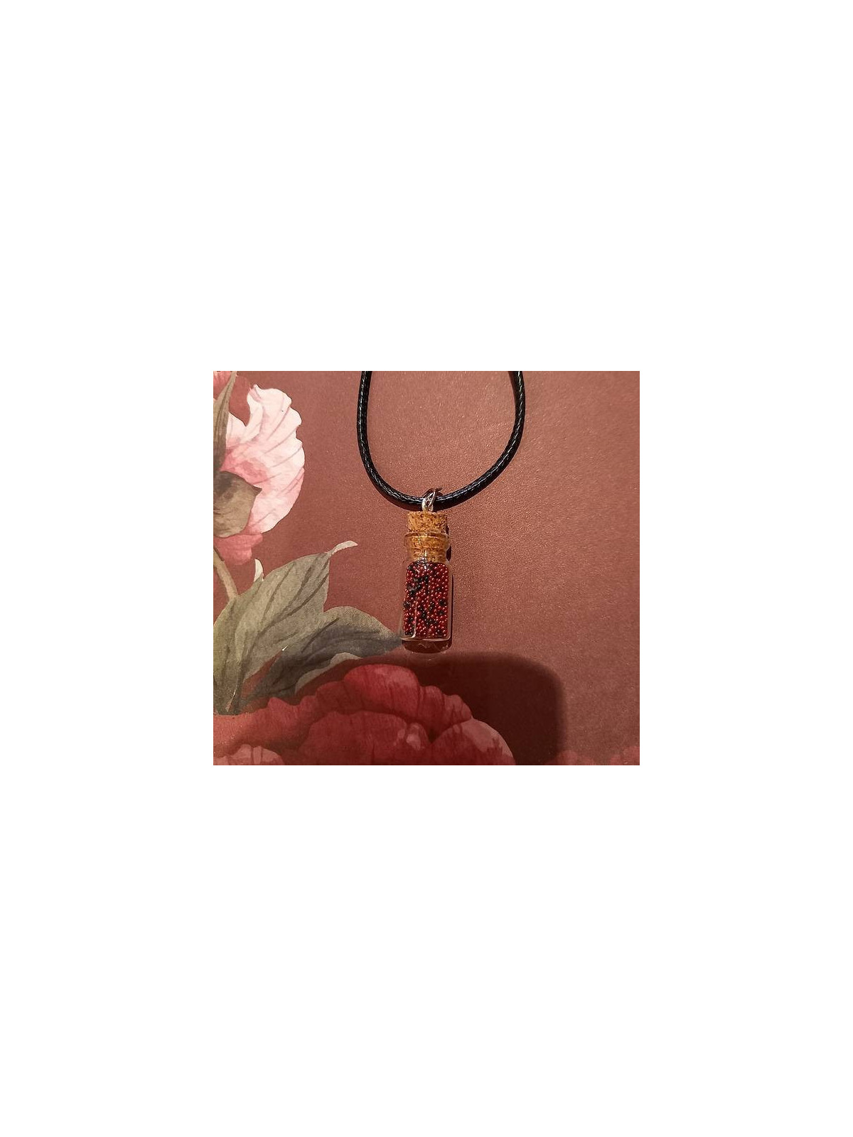 Collier fiole Micro-billes rouges et noires