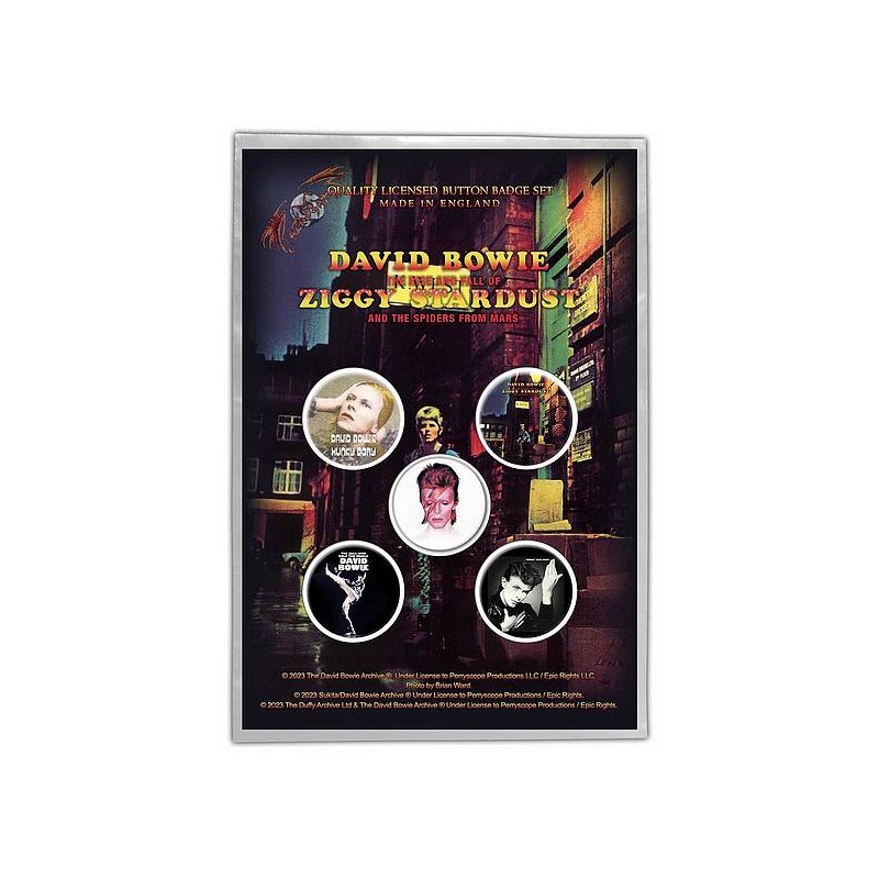 le Lot de 5 badges David Bowie : early albums est en stock à la boutique Ciel rouge à dijon.