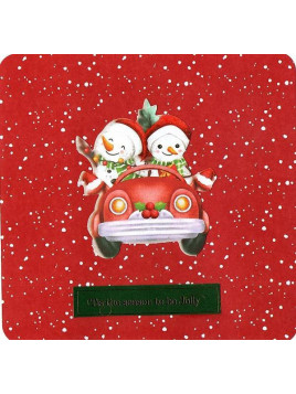 Carte de Noël carrée Bonshommes de neige en voiture