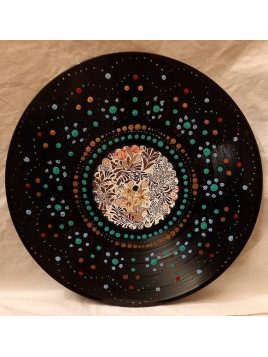 Vinyle 30cm décoré pointillés verts et bleus et centre marron à fleurs rouges