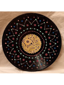 Vinyle 30cm décoré pointillés bleus et violets et centre à feuilles vertes