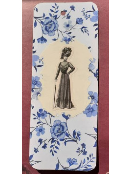Grand marque-page femme sur fond de fleurs bleues