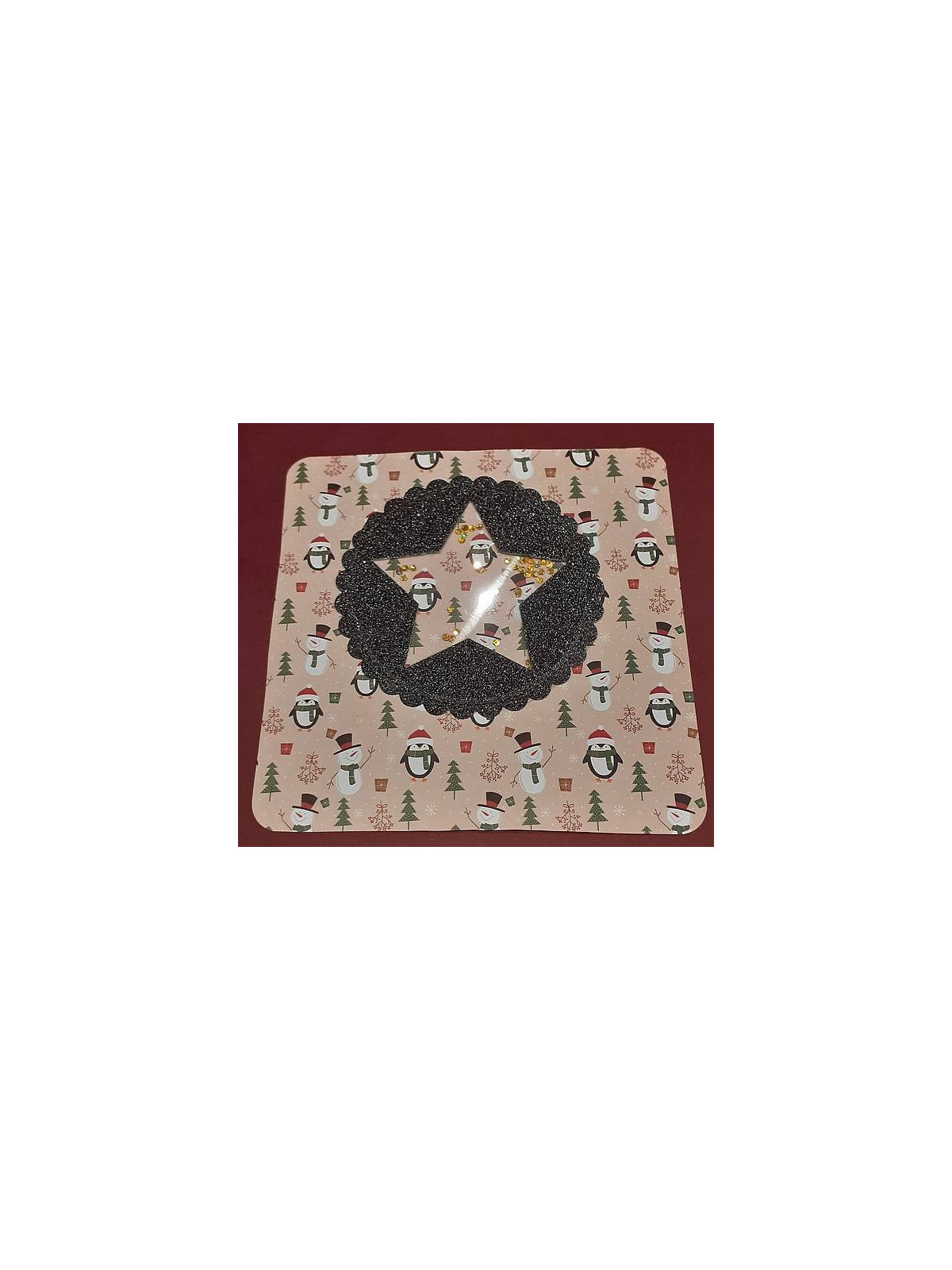 Carte carrée Noël avec pingouins et paillettes dorées