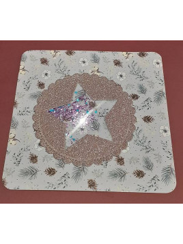 Carte carrée Noël avec sapins et paillettes bleues et violettes