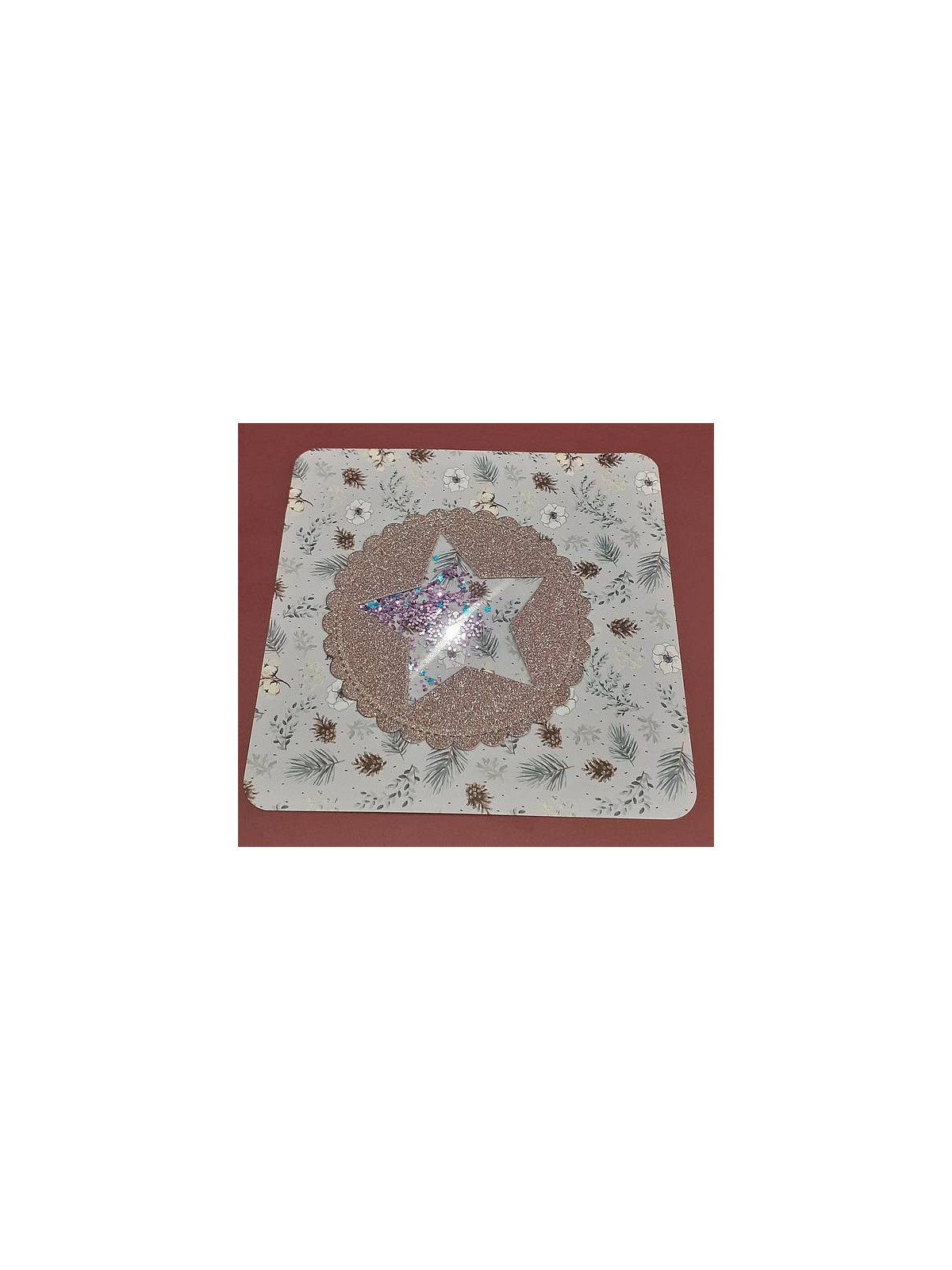 Carte carrée Noël avec sapins et paillettes bleues et violettes