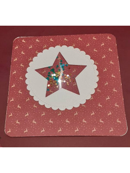Carte carrée Noël rouge avec rennes et paillettes vertes et dorées