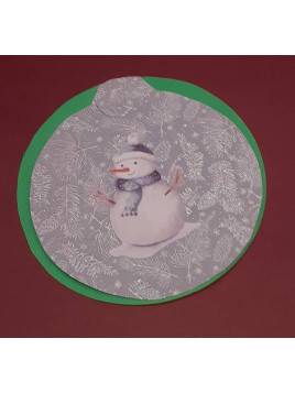 Carte ronde boule de Noël avec bonhomme de neige à écharpe bleue