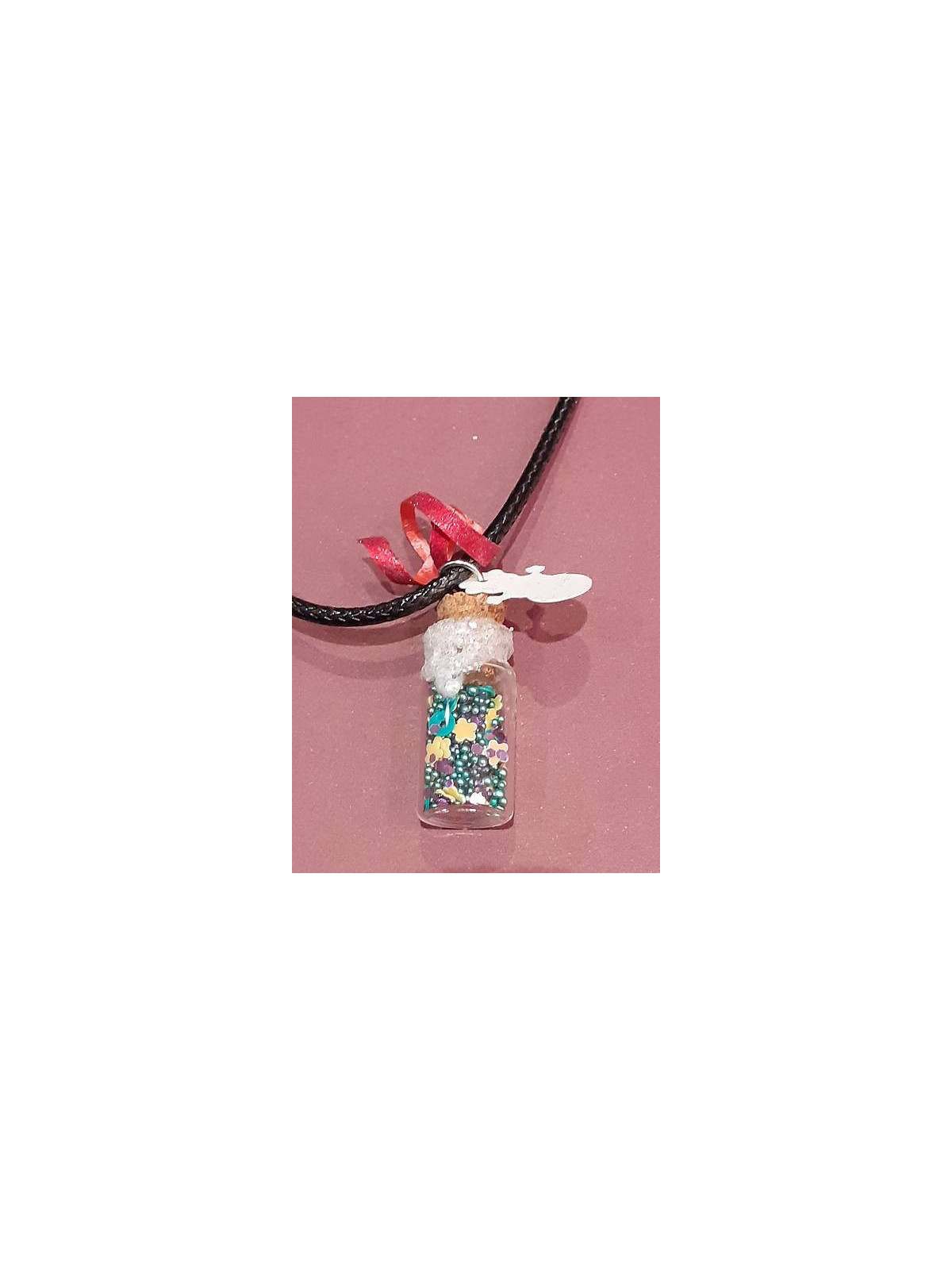 Collier fiole neige et bonhomme de neige blanc