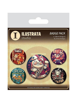 Lot de 5 badges Ilustrata : Cool cat en stock à ciel rouge, boutique à dijon