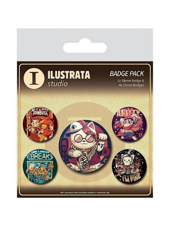 Lot de 5 badges Ilustrata : Cool cat en stock à ciel rouge, boutique à dijon