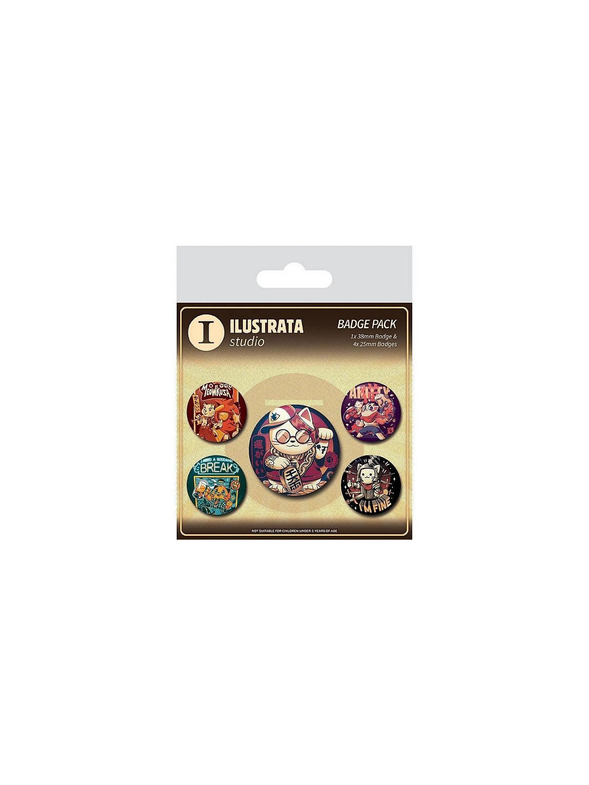Lot de 5 badges Ilustrata : Cool cat en stock à ciel rouge, boutique à dijon