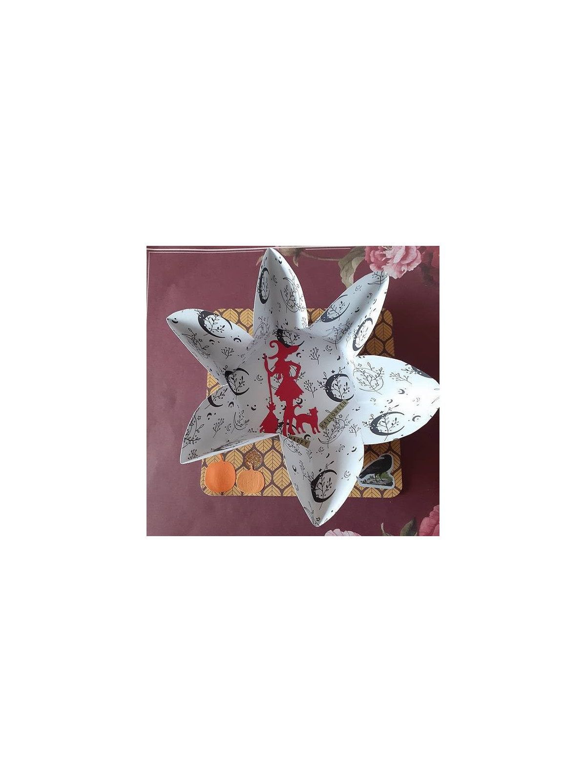 Carte Automne/Halloween fleur à ouvrir avec citrouilles, corbeau et sorcière