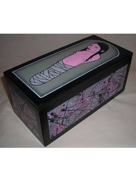 Boite en bois rose / grise / noire, motif femme et bandelettes