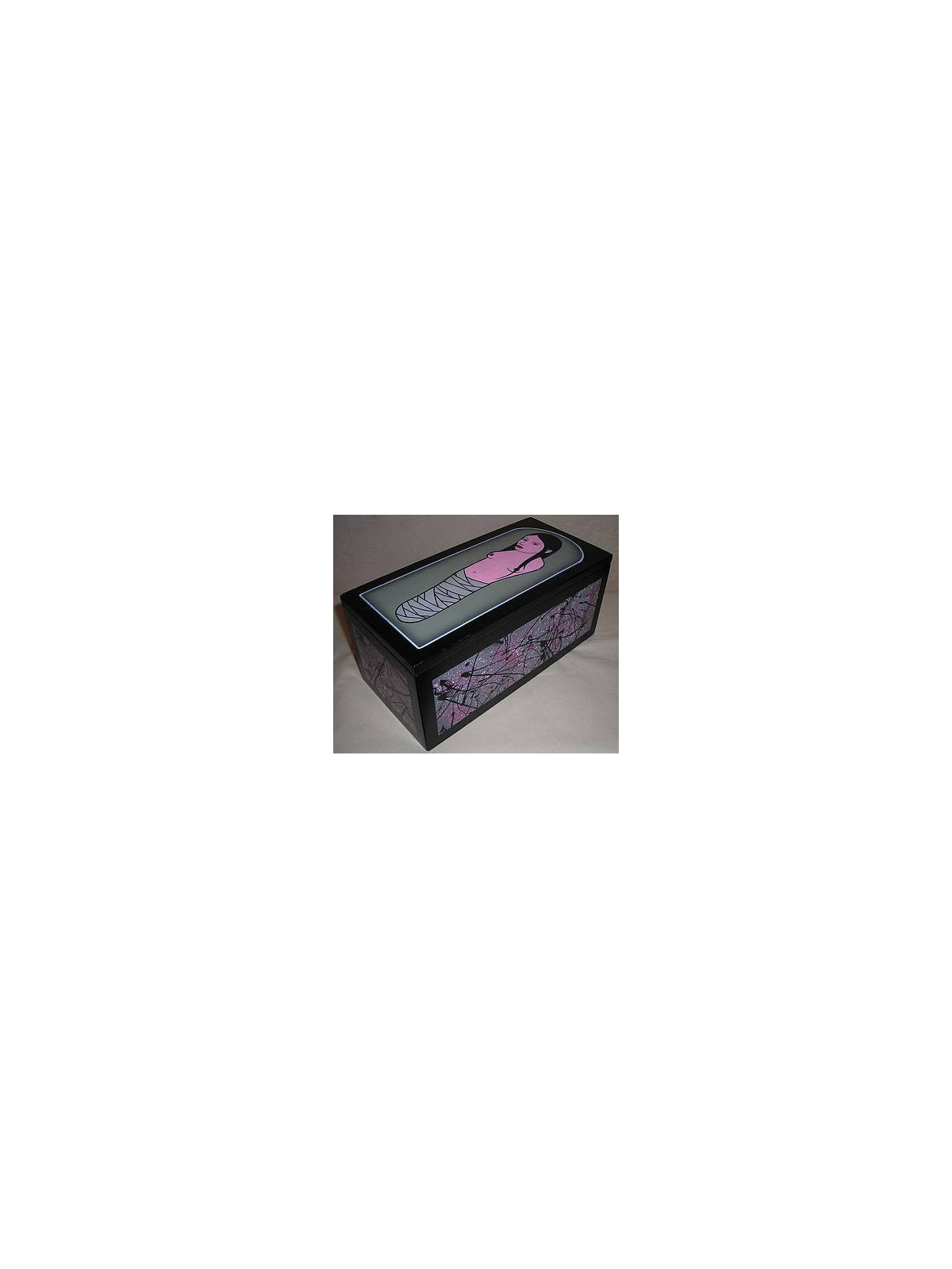Boite en bois rose / grise / noire, motif femme et bandelettes